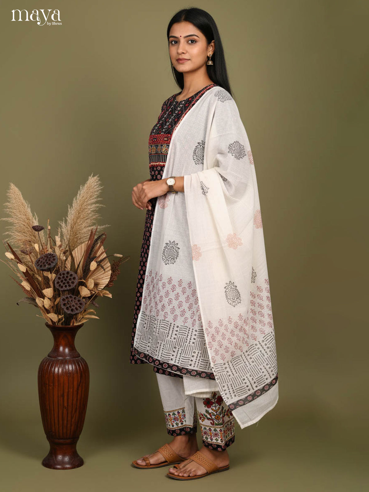 Beautiful Black Readymade Ajrakh Salwar Set with Printed Design