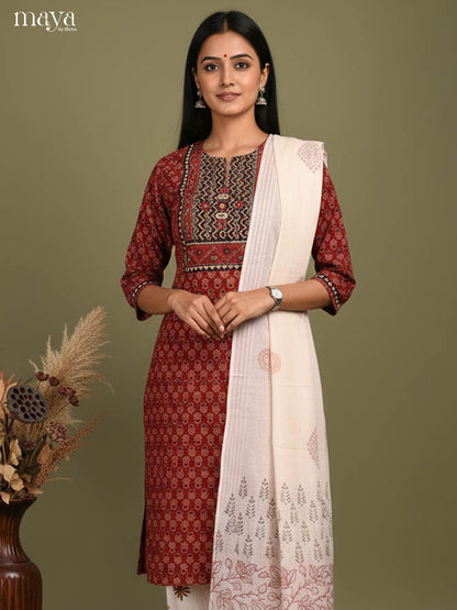 Stylish Ajrakh Cotton Salwar Suit Set With Off White Printed Dupatta