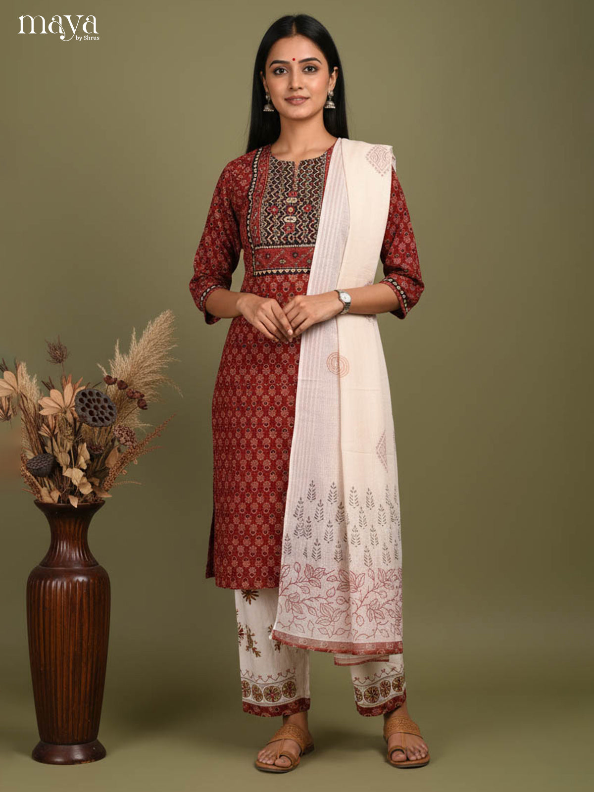 Stylish Ajrakh Cotton Salwar Suit Set With Off White Printed Dupatta