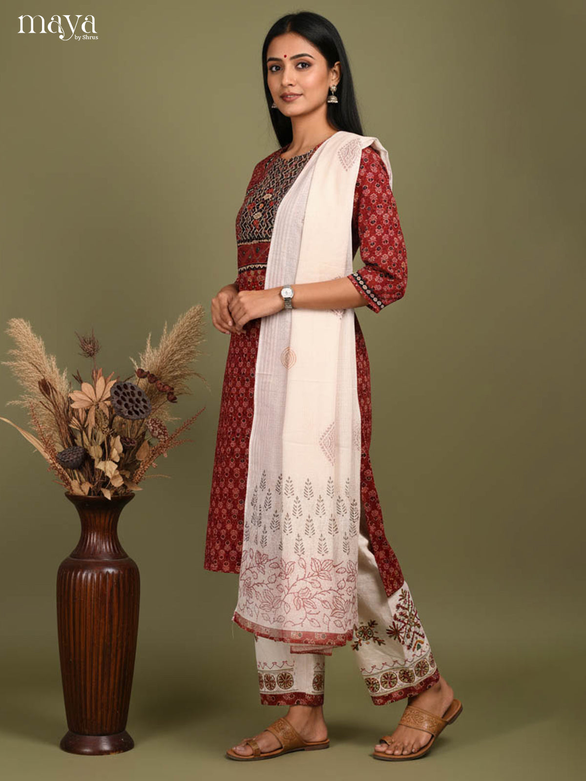 Stylish Ajrakh Cotton Salwar Suit Set With Off White Printed Dupatta