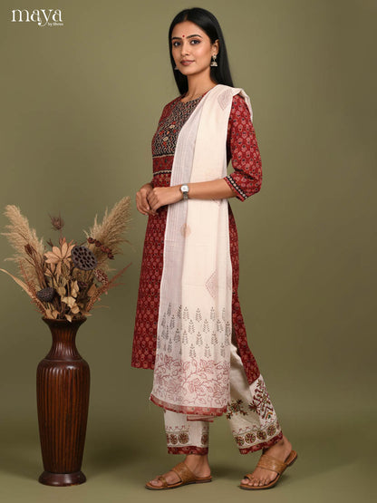 Stylish Ajrakh Cotton Salwar Suit Set With Off White Printed Dupatta