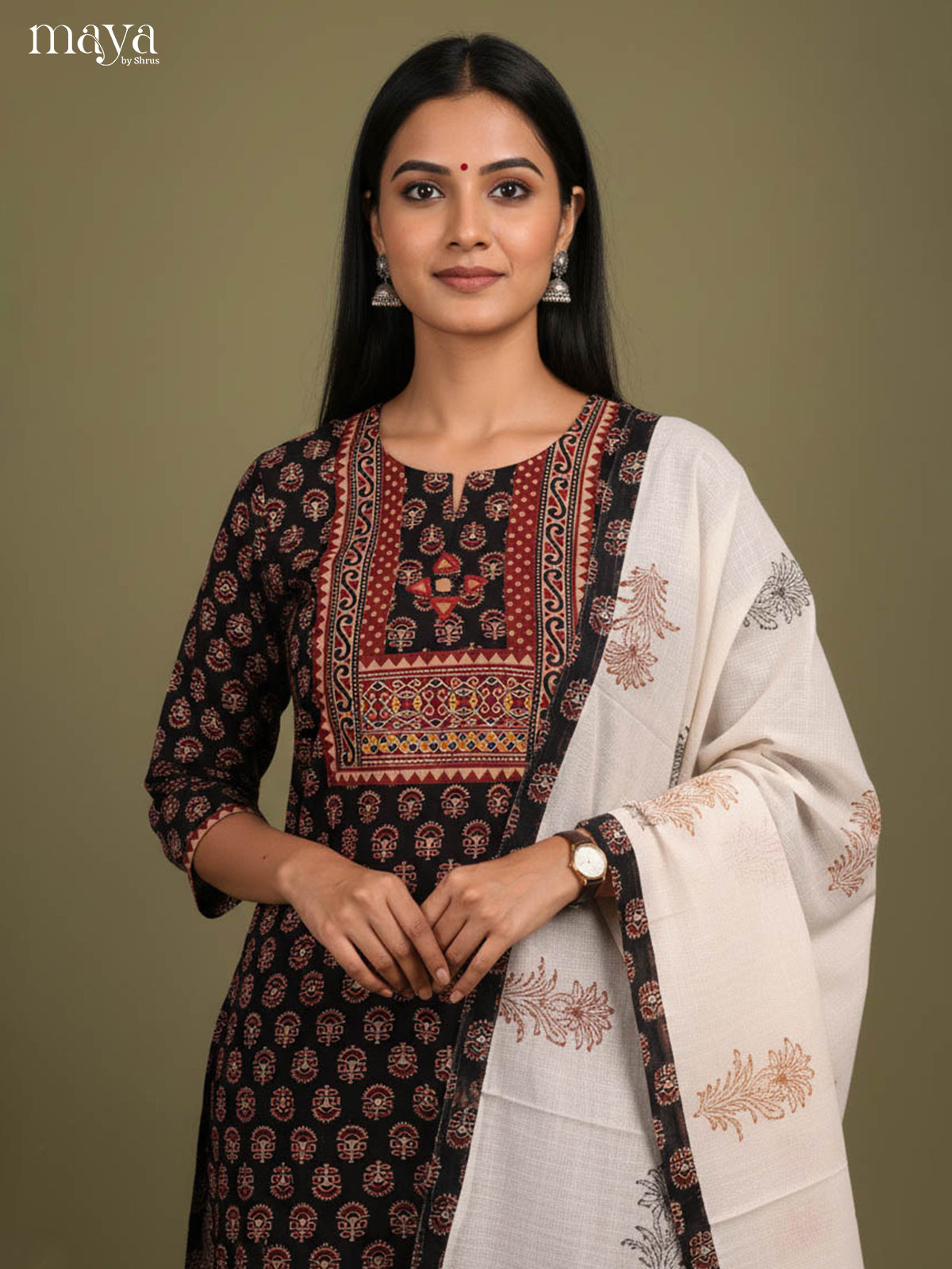 Stunning Black Ajrakh Printed Salwar Suit with Yoke Neck