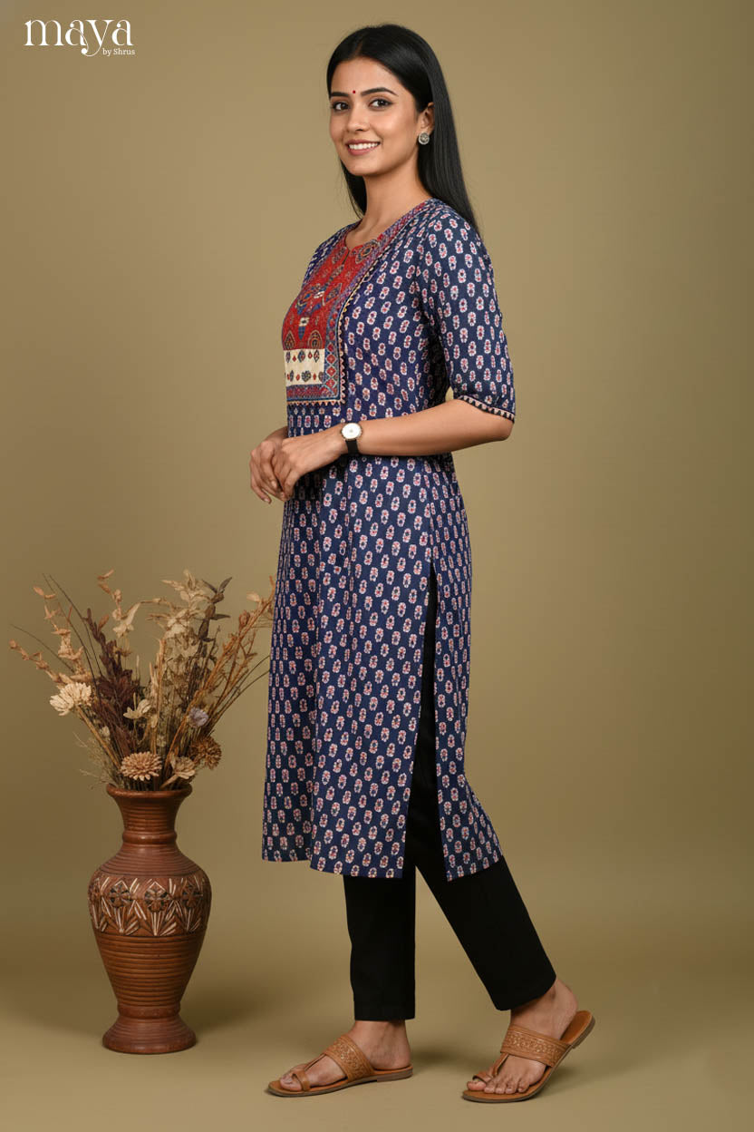 Graceful Navy Blue Floral Printed Readymade Kurti With Yoke Neck