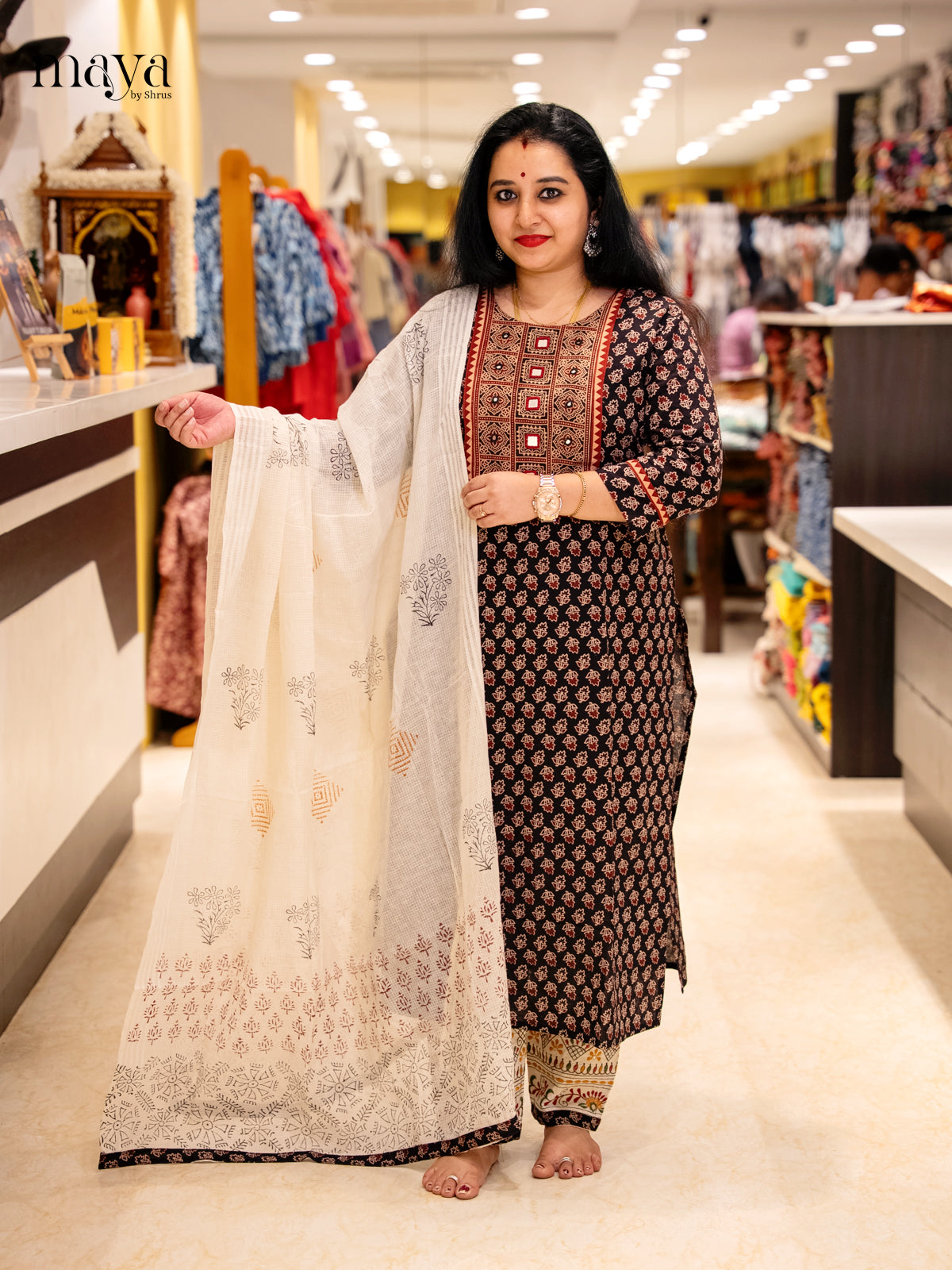 Beautiful Black Ajrakh Salwar Set In Cotton with Yoke Neck