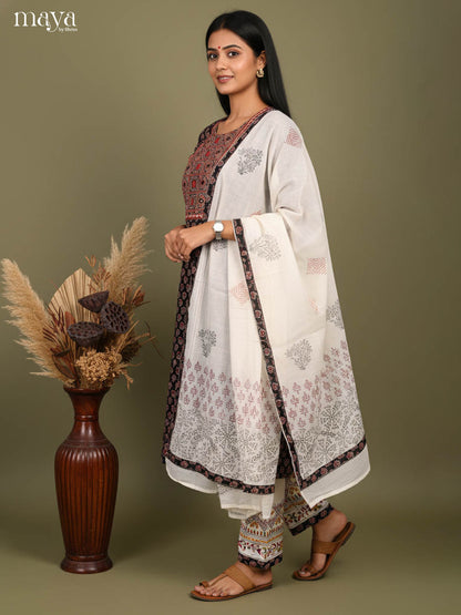 Beautiful Black Ajrakh Salwar Set In Cotton with Yoke Neck