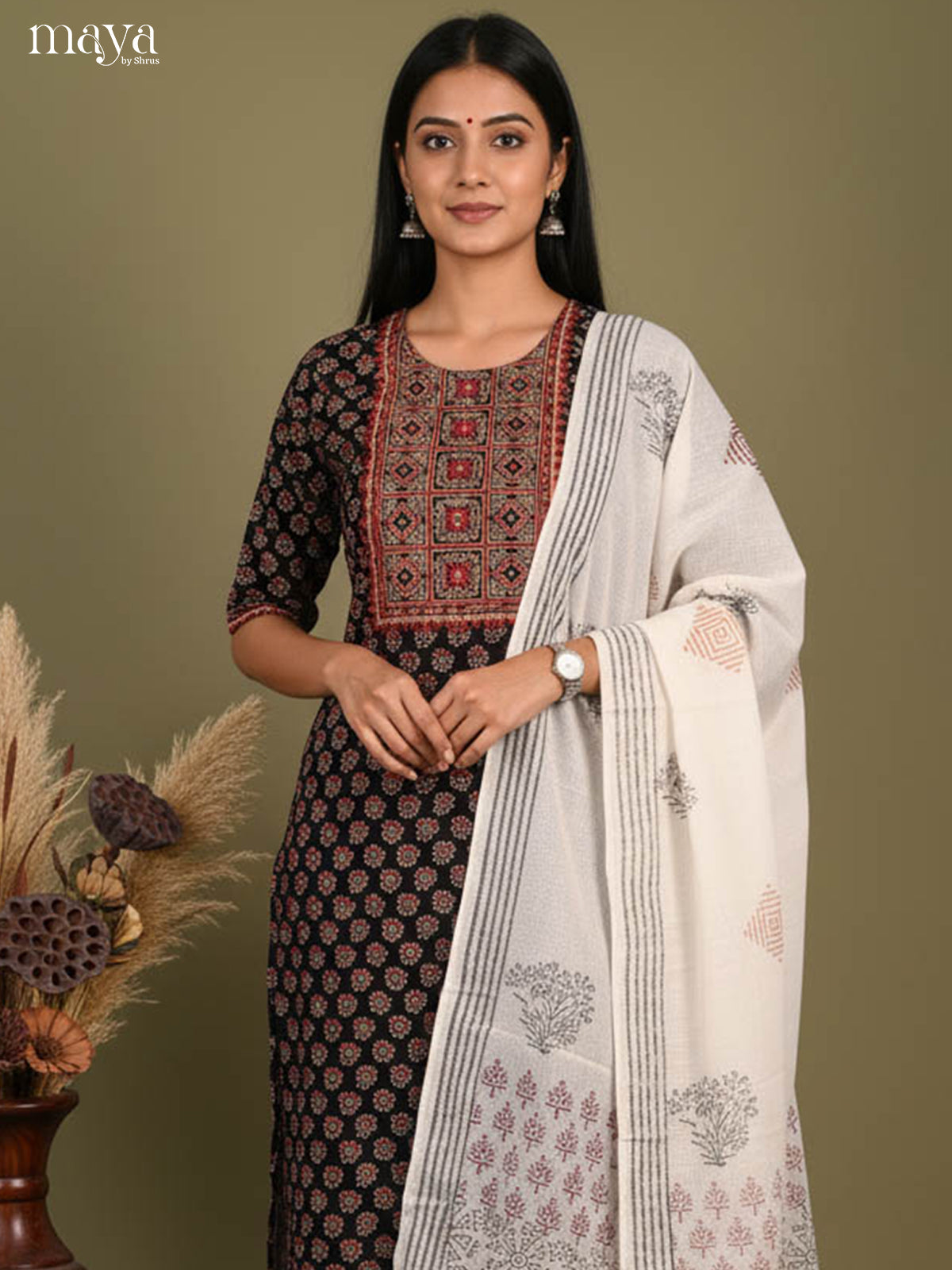 Beautiful Black Ajrakh Salwar Set In Cotton with Yoke Neck