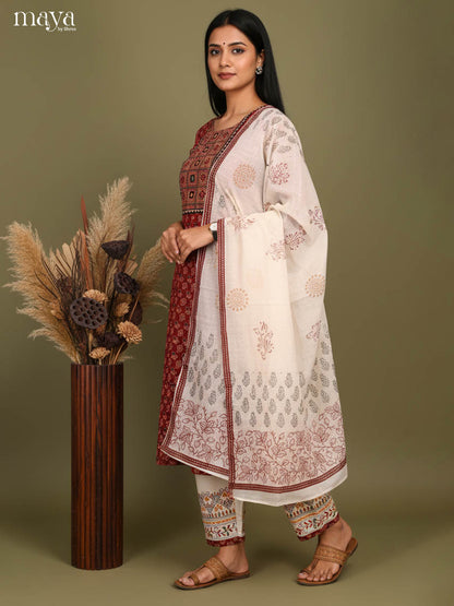 Elegant Red Cotton Salwar with Traditional Print & Yoke Neck