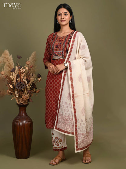 Rustic Maroon Ajrakh Printed Salwar Suit With Yoke Neck