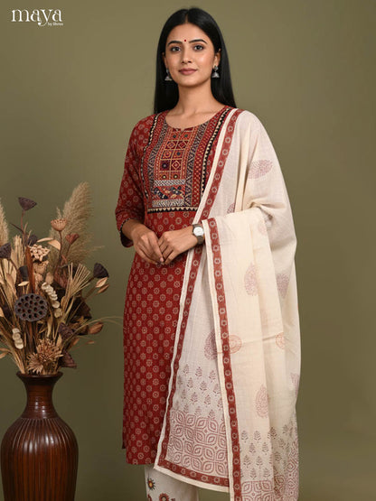 Rustic Maroon Ajrakh Printed Salwar Suit With Yoke Neck