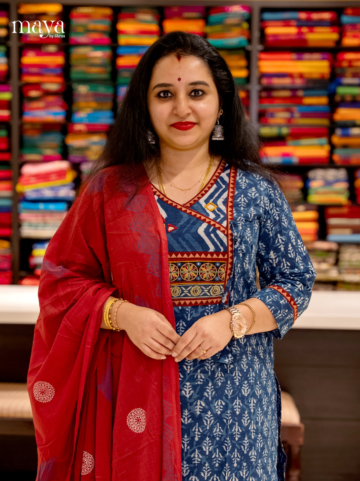 Stylish Indigo Ajrakh Salwar Set with Block Print Design & Red Dupatta