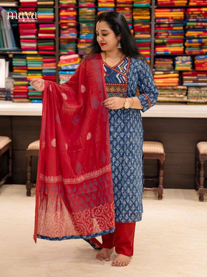 Stylish Indigo Ajrakh Salwar Set with Block Print Design & Red Dupatta
