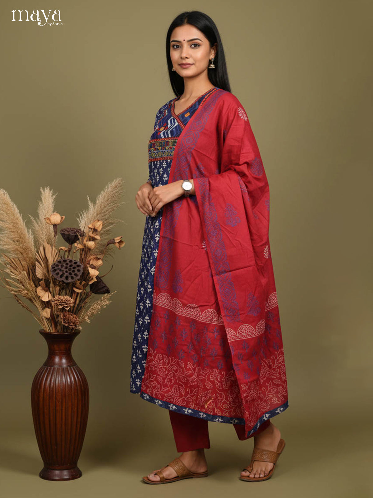 Bold Navy Readymade Ajrakh Salwar with Embroidered Yoke Neck