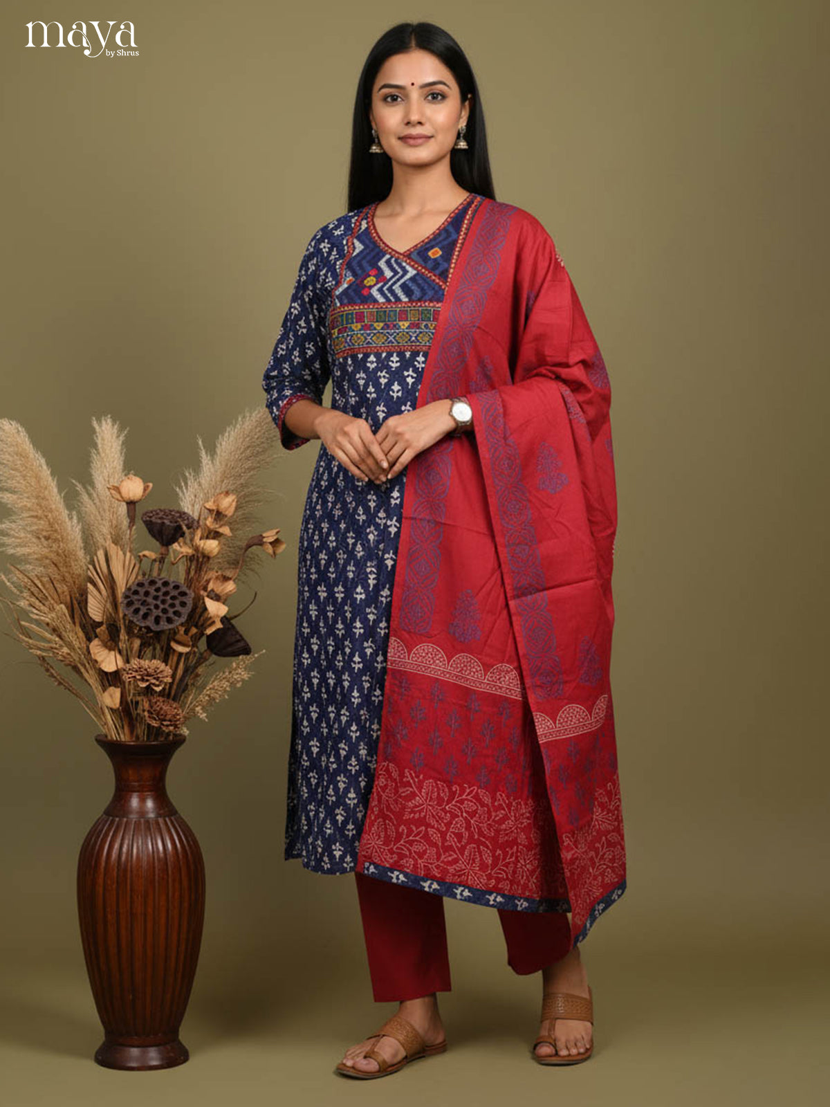Bold Navy Readymade Ajrakh Salwar with Embroidered Yoke Neck