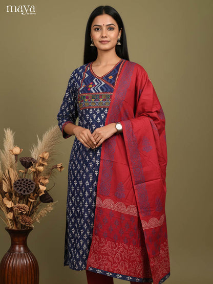 Bold Navy Readymade Ajrakh Salwar with Embroidered Yoke Neck