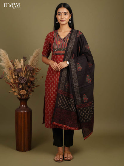 Bold Maroon Readymade Ajrakh Salwar Set with Yoke Neck & Black Dupatta