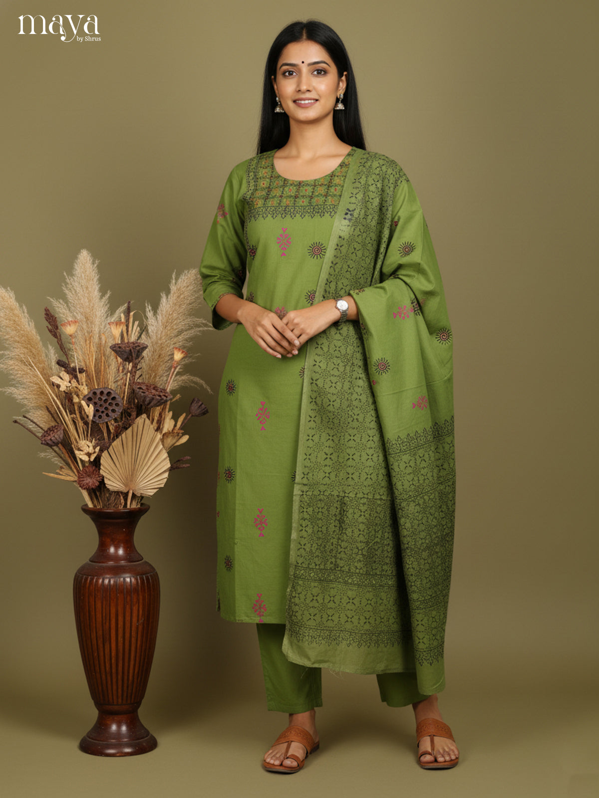 Green Readymade 3 Piece with floral print