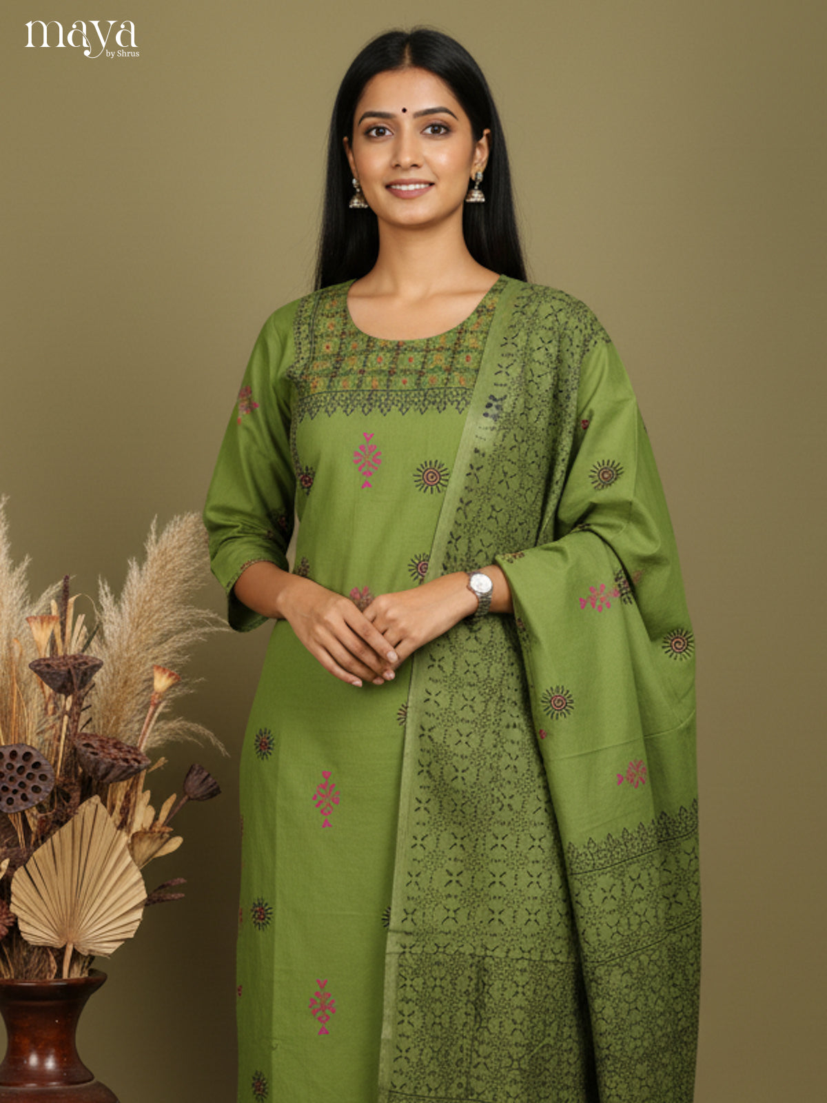 Green Readymade 3 Piece with floral print