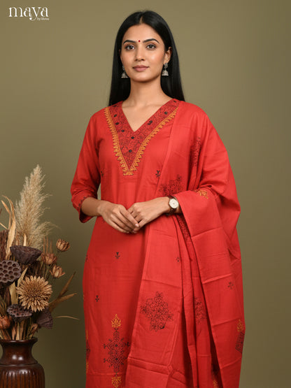 Red Readymade 3 Piece with printed neck yoke & dupatta