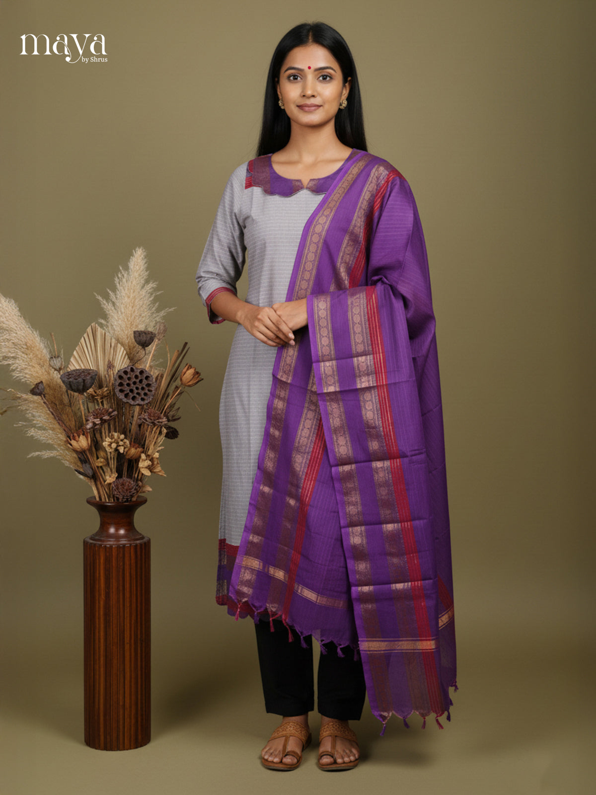 Artistic Grey & Purple Chettinad Cotton Readymade Kurti Set With Dupatta