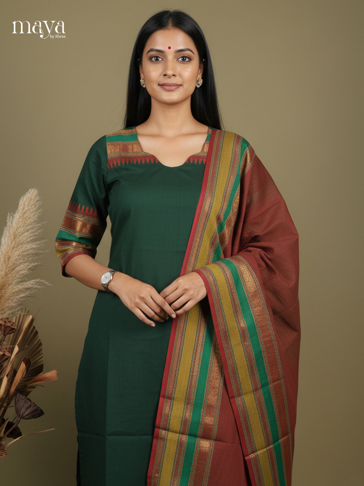 Serene Green & Arakku Chettinad Readymade Kurti With Dupatta & Zari Border 2