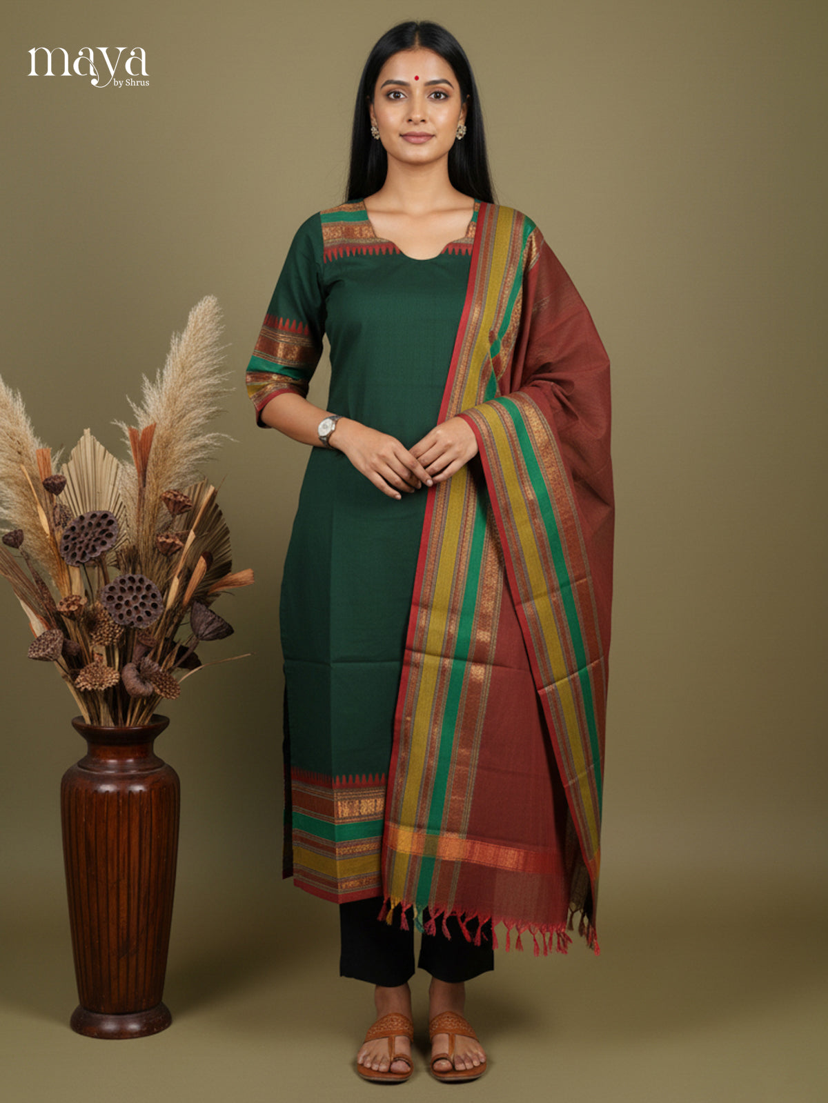 Serene Green & Arakku Chettinad Readymade Kurti With Dupatta & Zari Border 