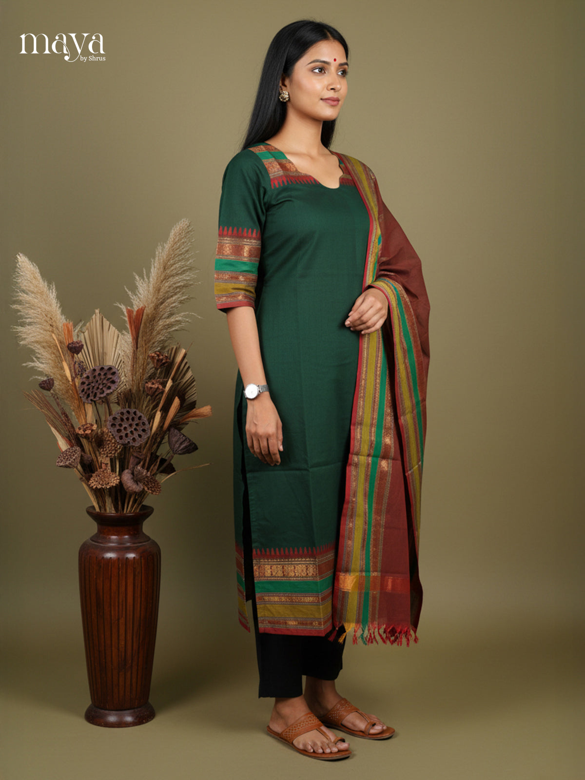 Serene Green & Arakku Chettinad Readymade Kurti With Dupatta & Zari Border 1