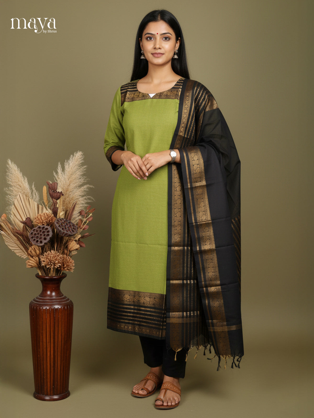 Chic Green & Black Chettinad Cotton Kurti & Dupatta With Zari Border
