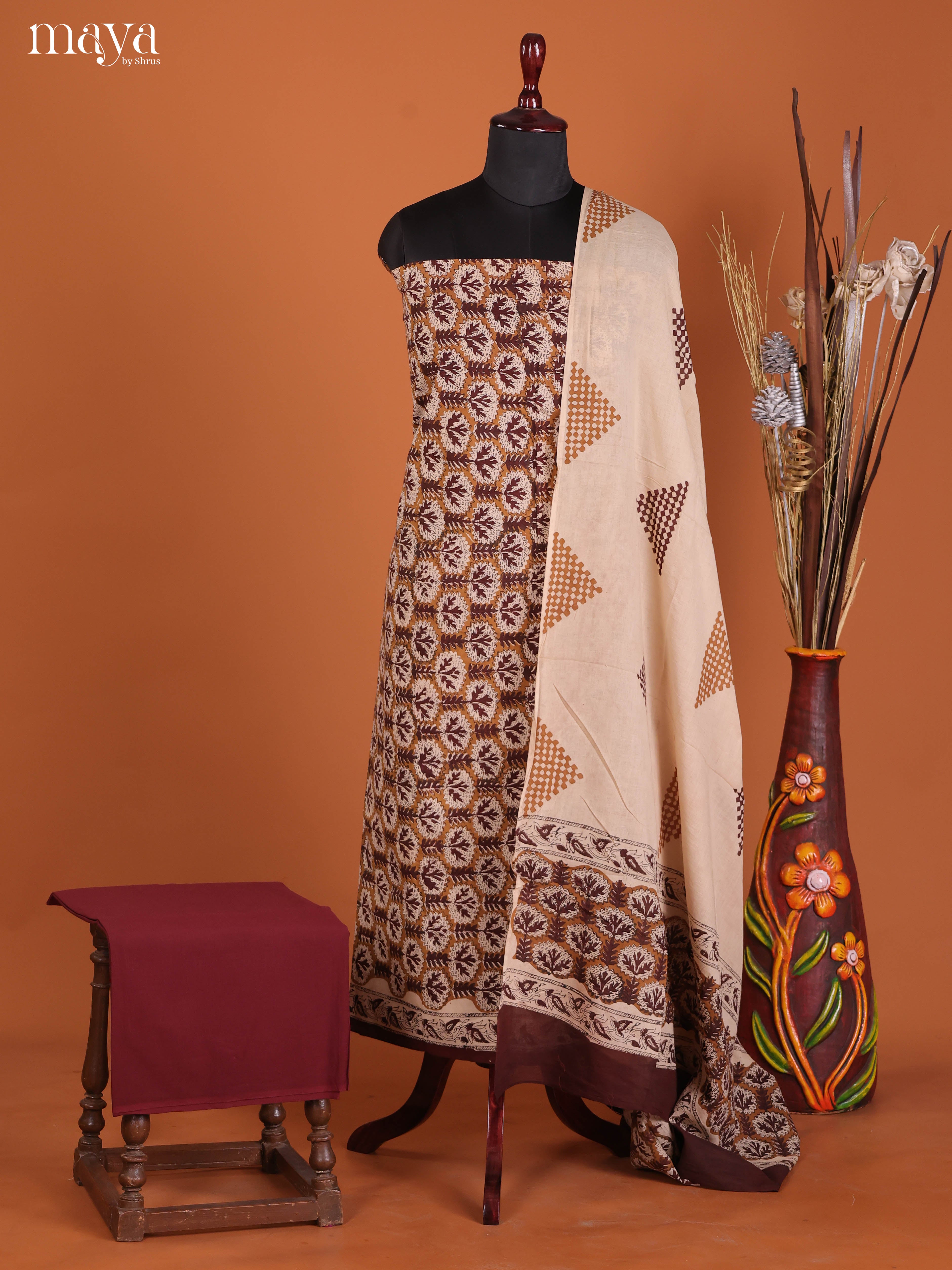 Artisanal Hand-Block Printed Cotton Salwar Suits With Mustard Background