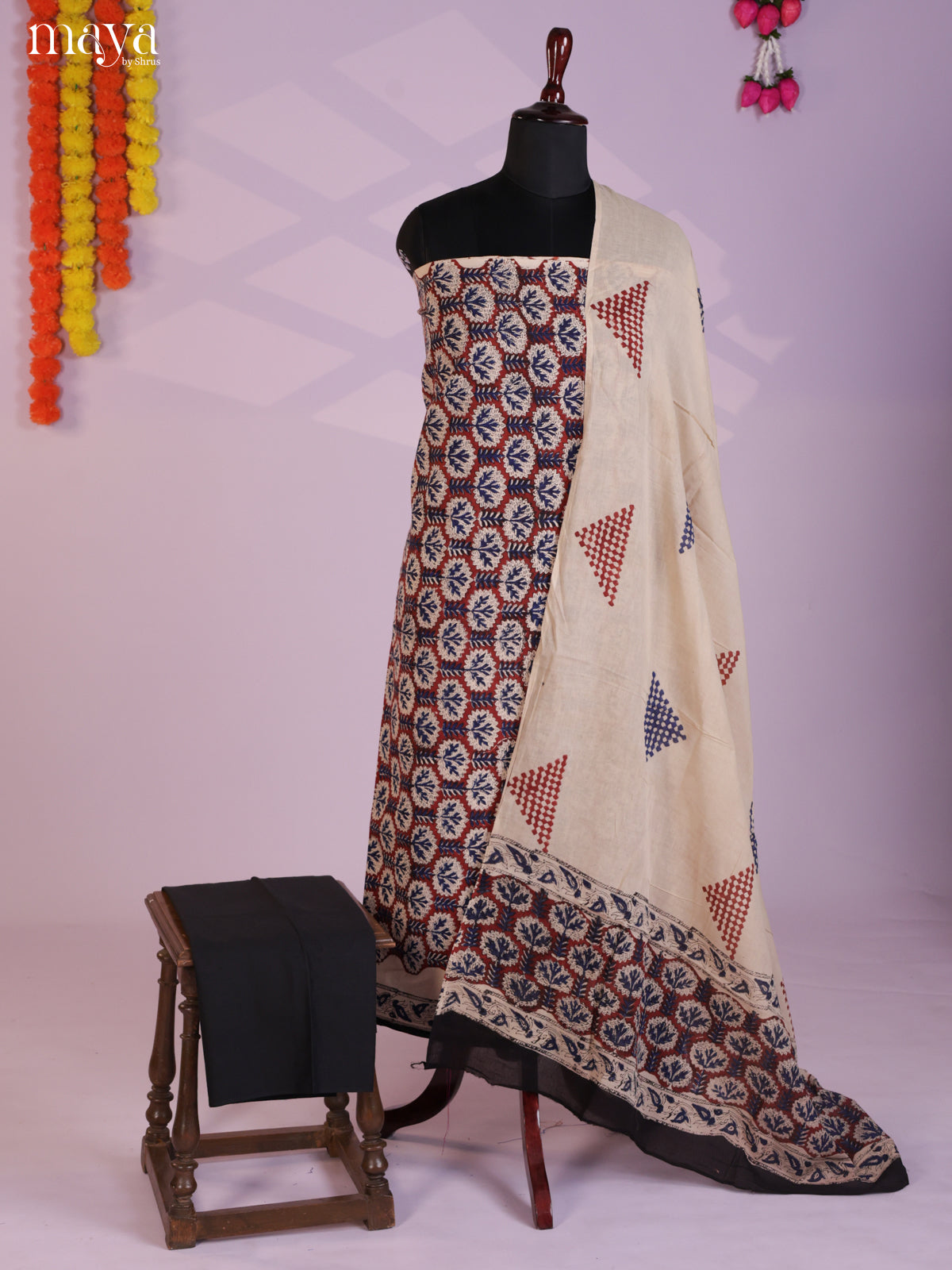 Exquisite Hand-Block Printed Cotton Suit Material In Maroon Background