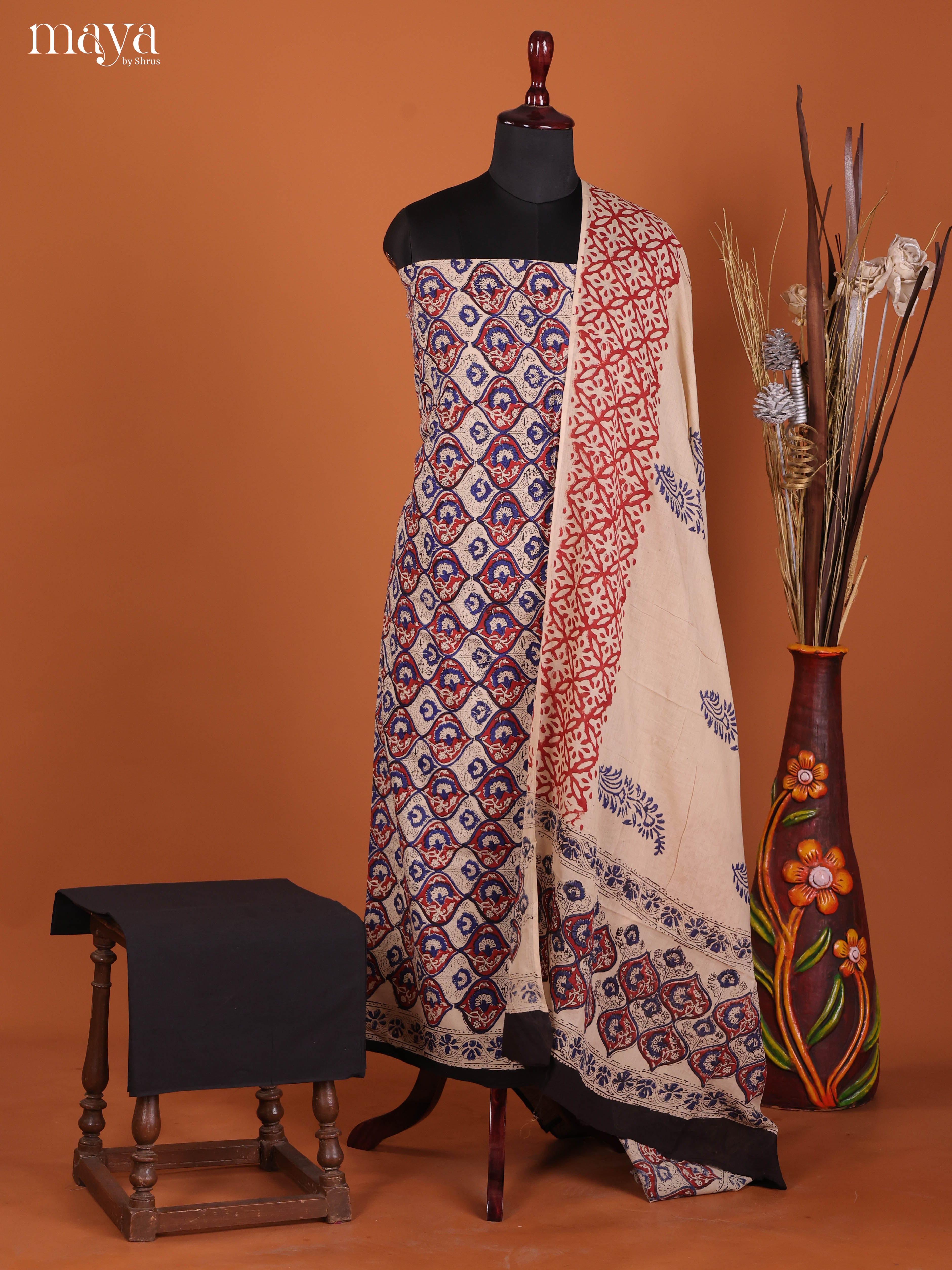 Exquisite Hand-Block Printed Cotton Suit Material With a Cream Background
