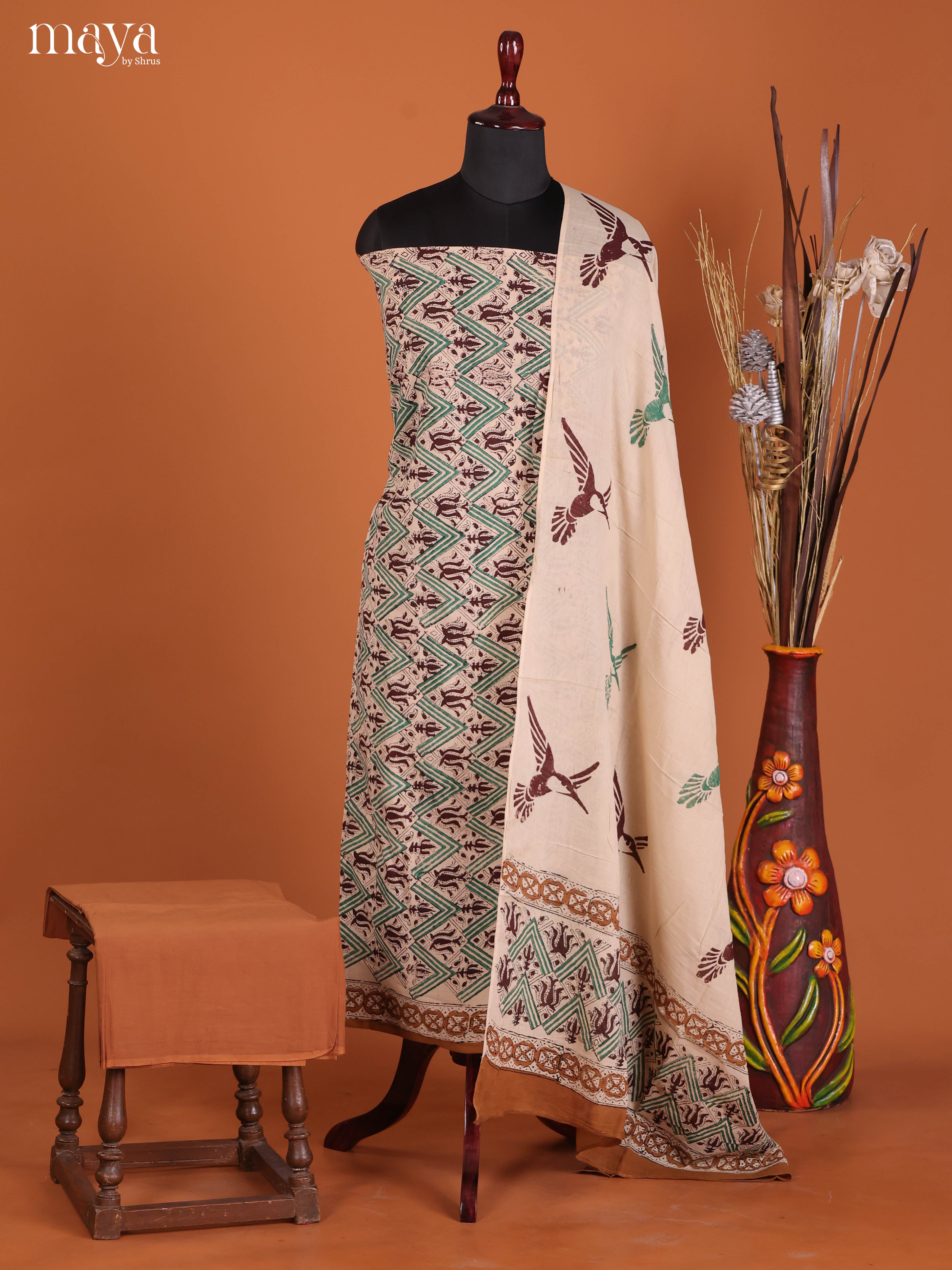 Breezy Cream Cotton Salwar Set Material With Floral Prints
