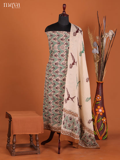 Breezy Cream Cotton Salwar Set Material With Floral Prints