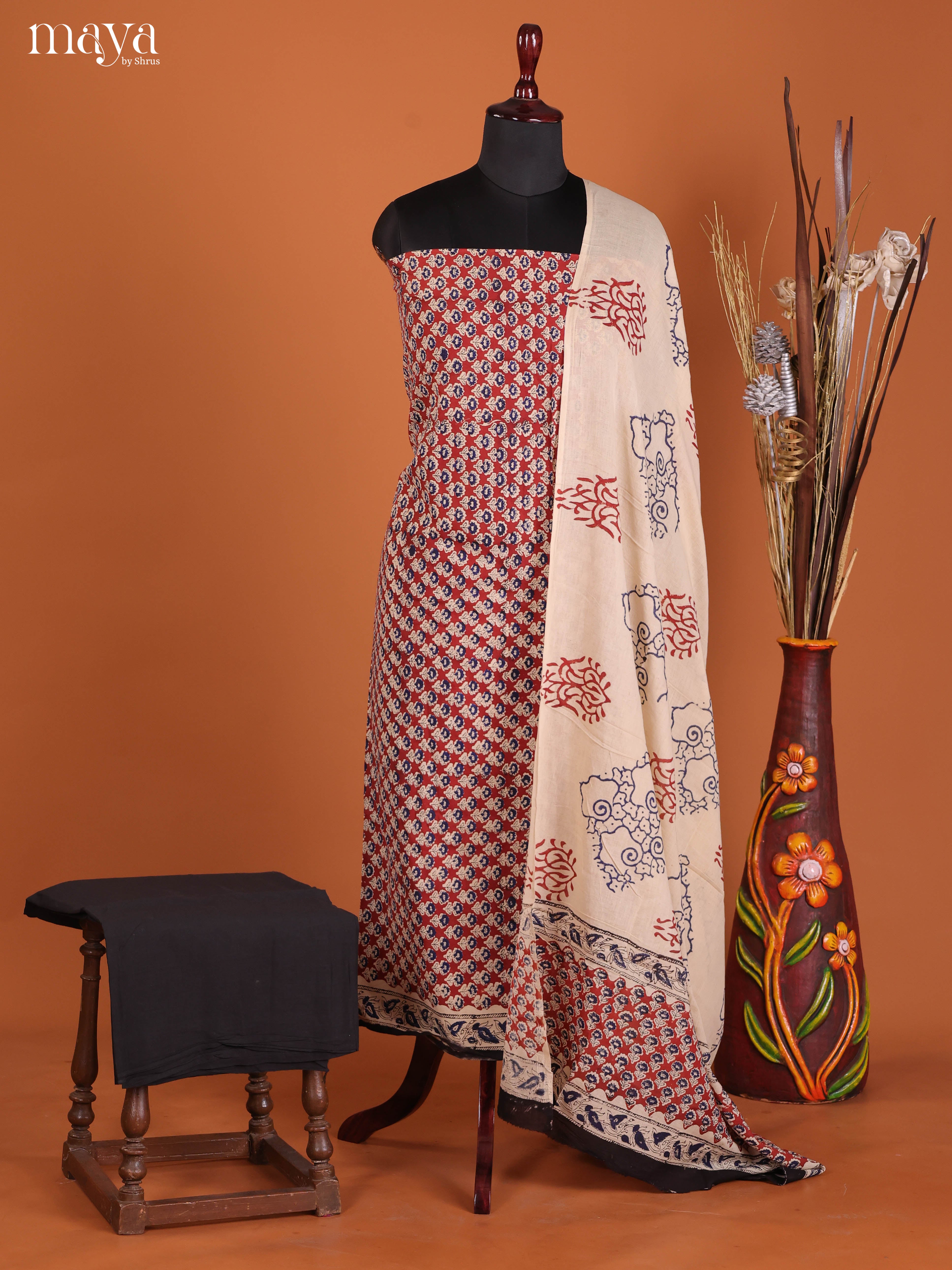 Comfy Maroon Hand-Block Printed Cotton Suit Materials With Cream Dupatta