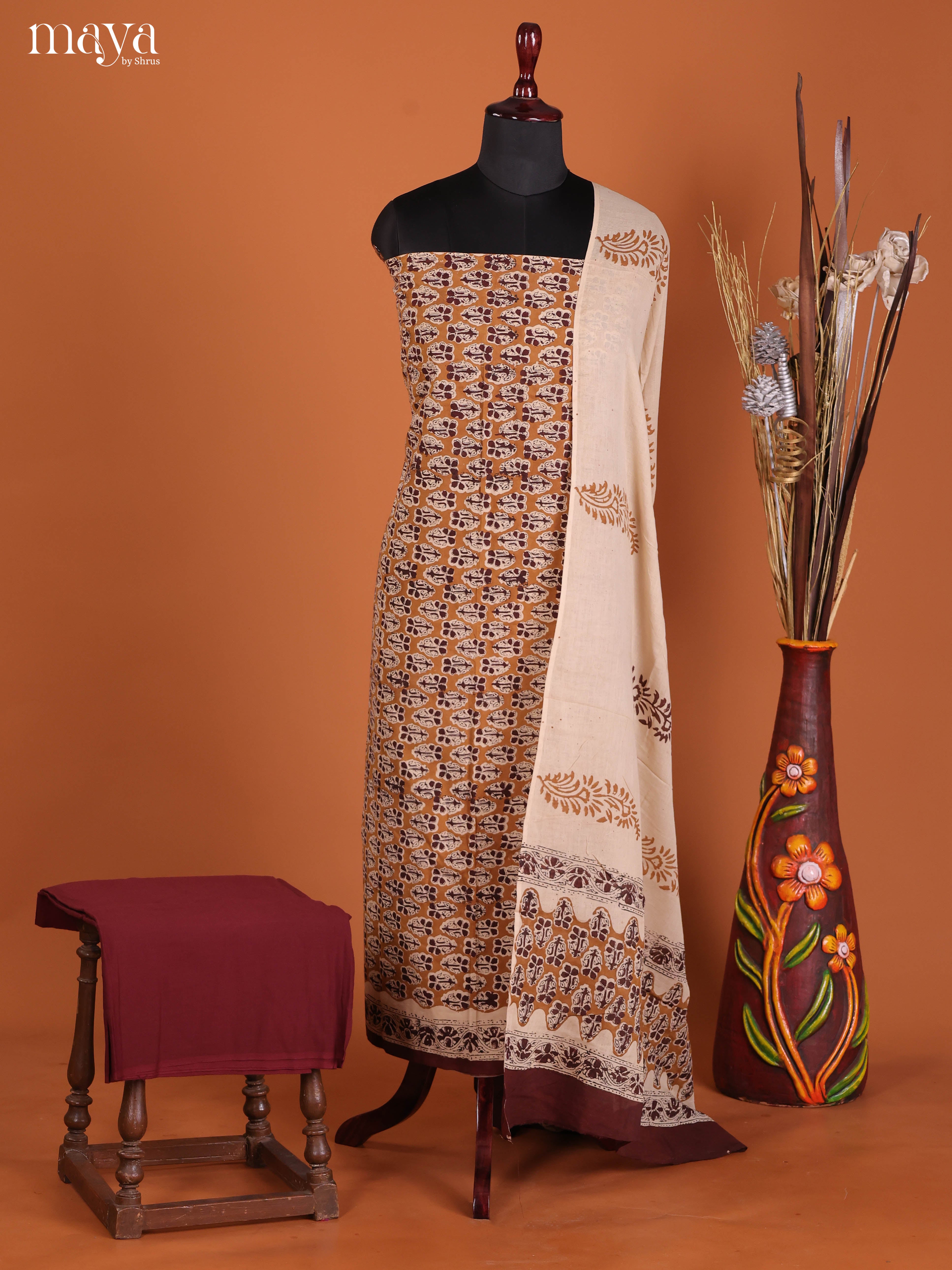 Artisanal Block Printed Mustard Cotton Salwar Materials With Beige Dupatta