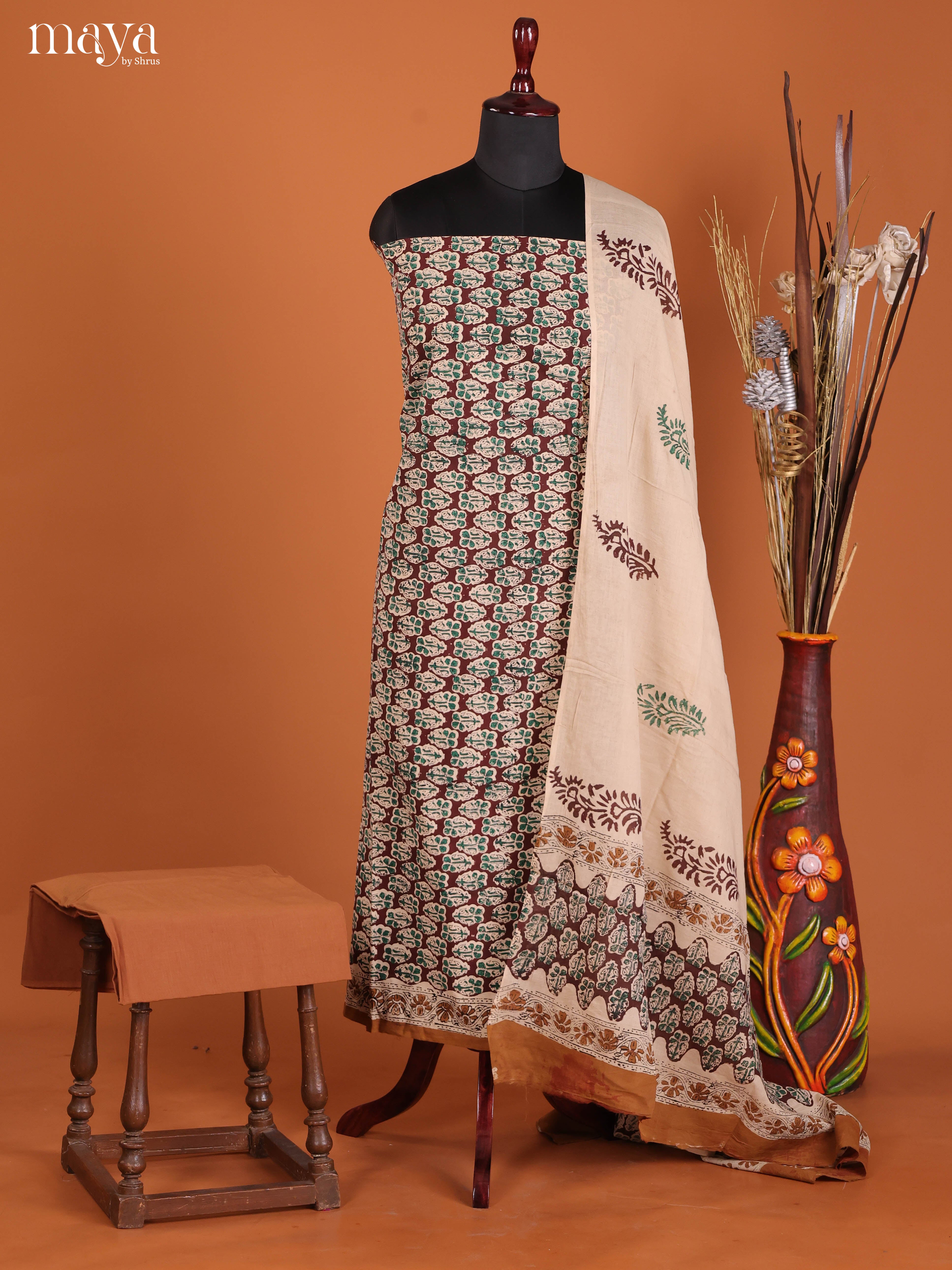 Sophisticated Maroon Cotton Salwar Kurta Set Material With Floral Prints