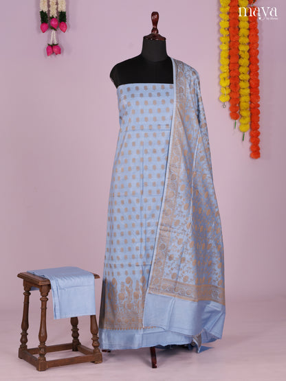 Breezy Pastel Blue Semi Tussar Salwar Set Material With Floral Buttas