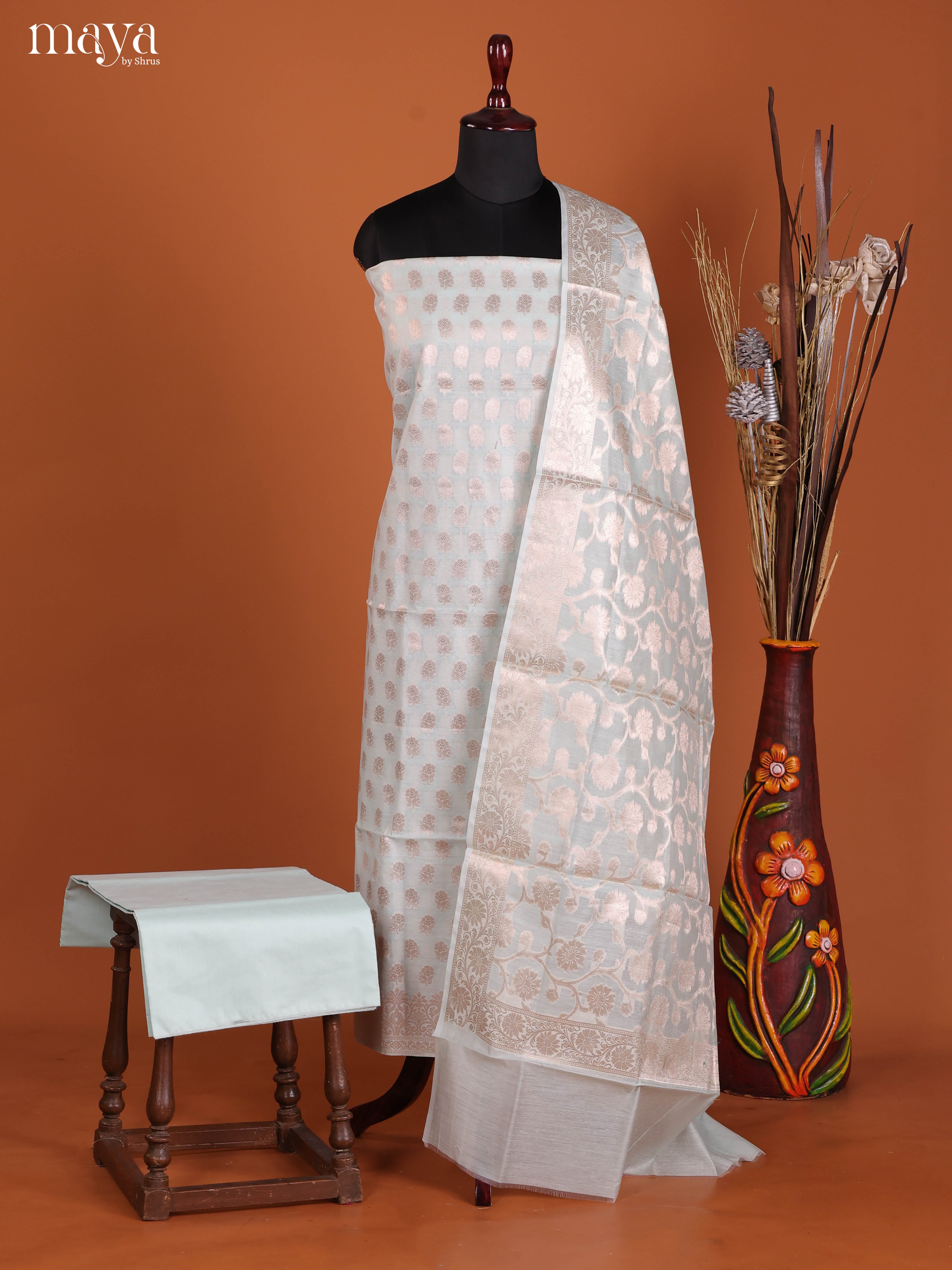 Exquisite Ice Blue Thread Woven Semi Tussar Salwar Suit Material