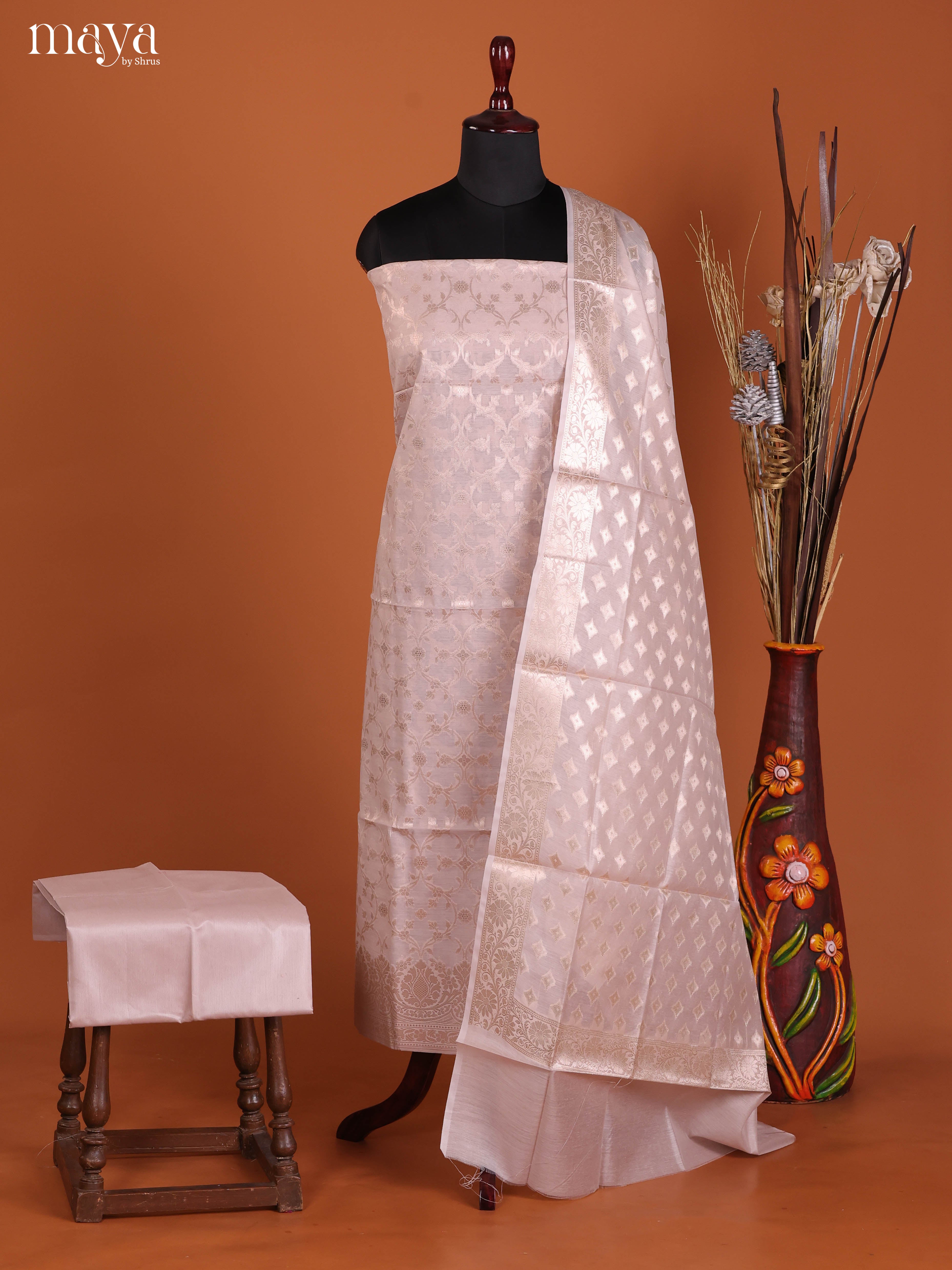 Ornate Pastel Grey Thread Woven Semi Tussar Salwar Suit Material