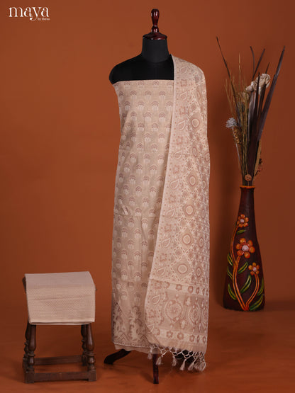 Earthy Beige Semi Tussar Salwar Suit Material With Thread Woven Buttas