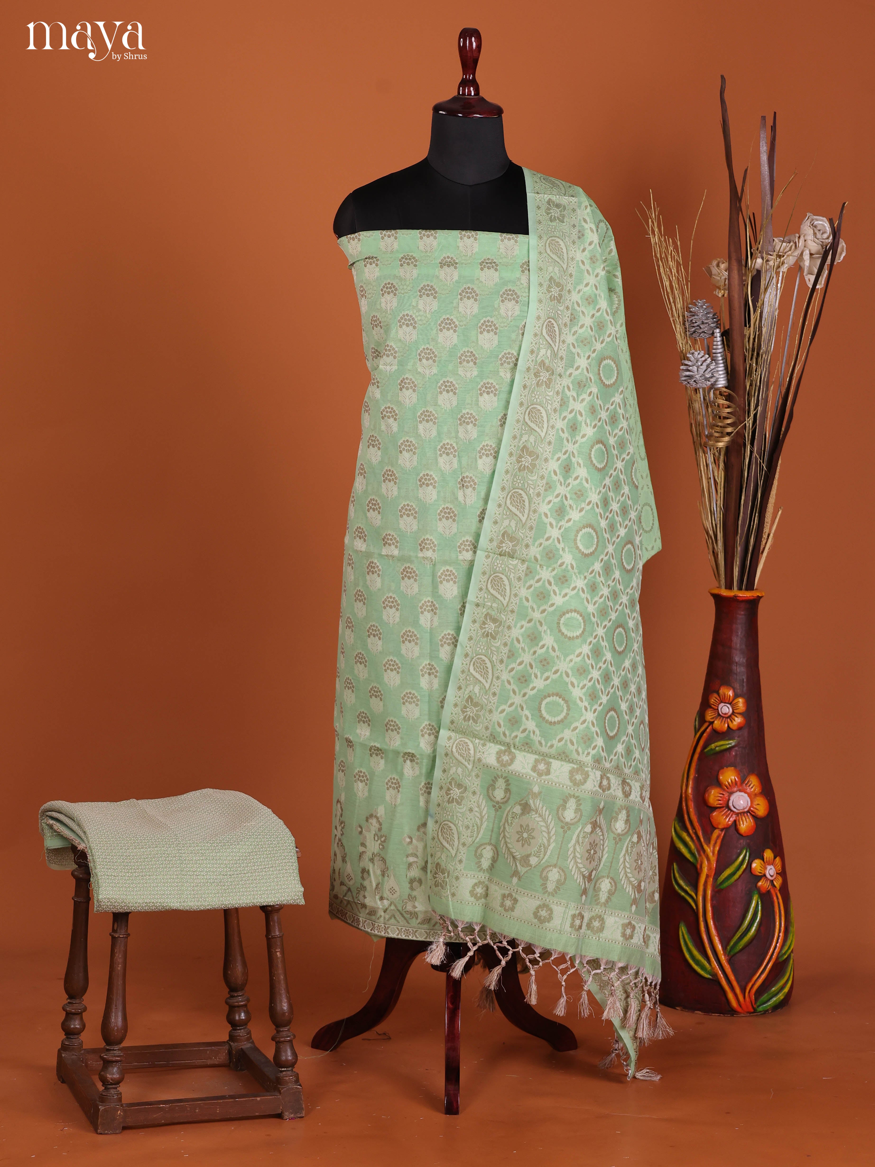 Pastel Green Semi Tussar Salwar Suit Material With Thread Woven Buttas