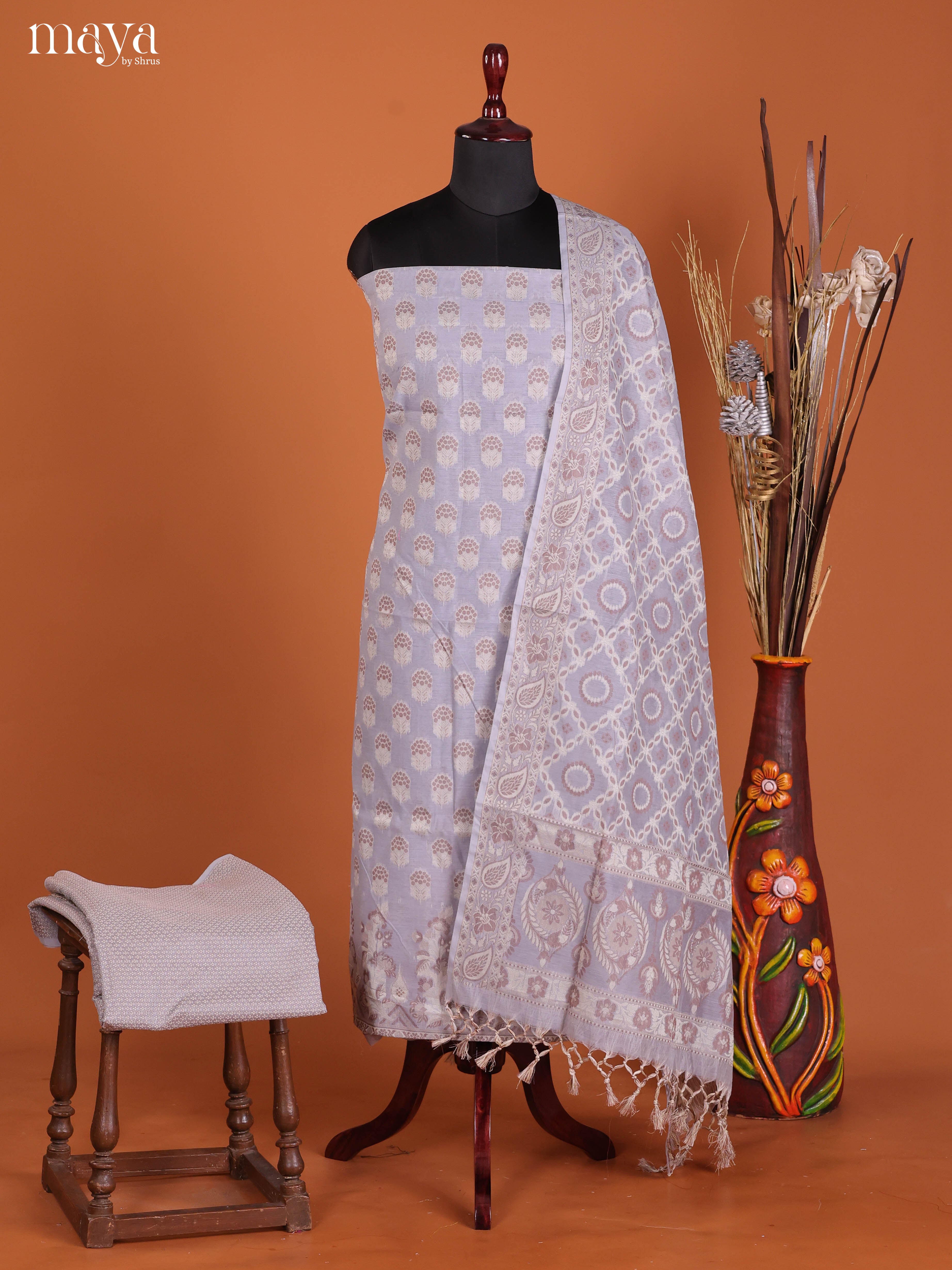 Elegant Grey Semi Tussar Salwar Suit Material With Thread Woven Design
