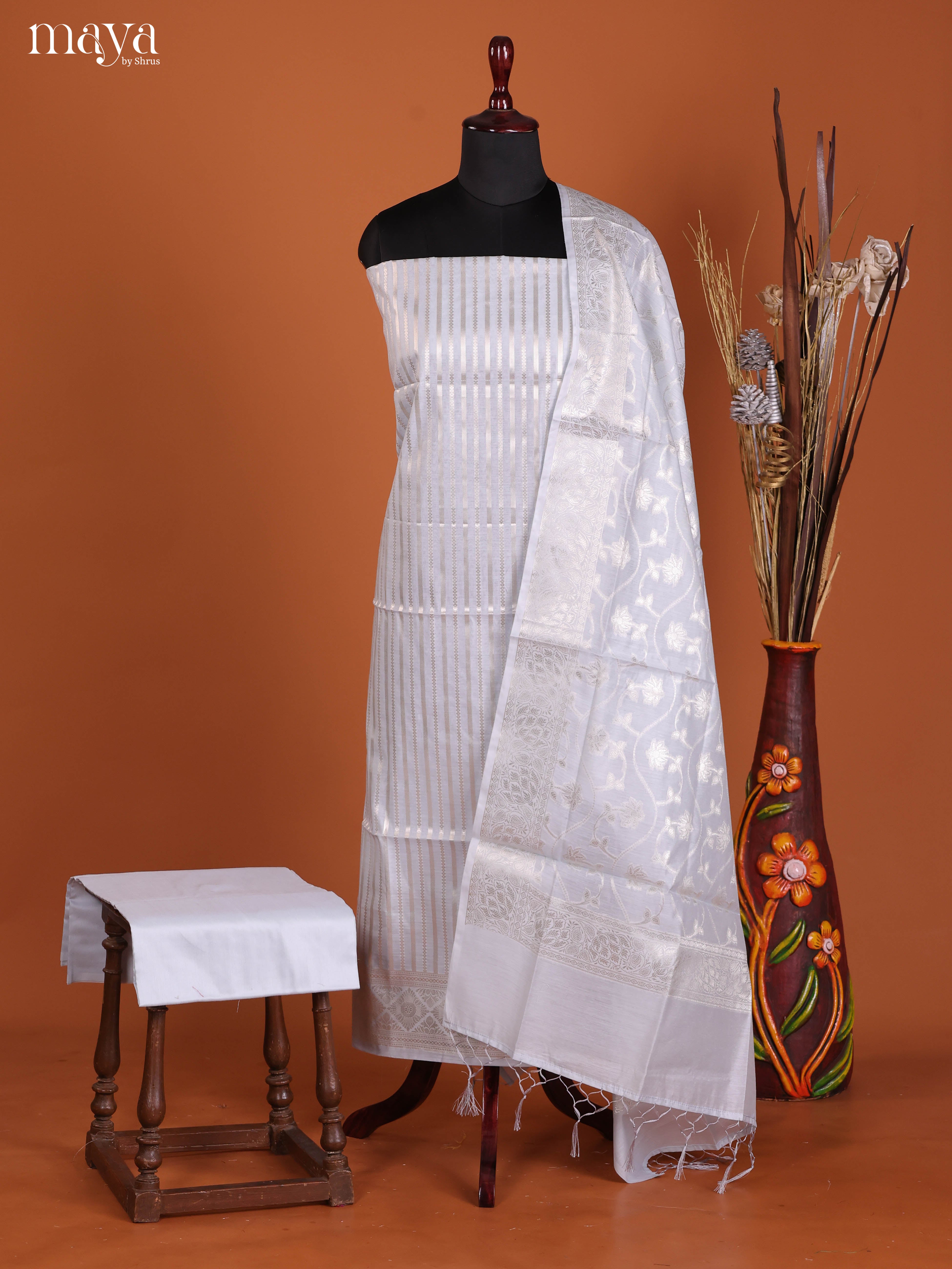 Charming Grey Semi Tussar Salwar Suit Material With Zari Stripes