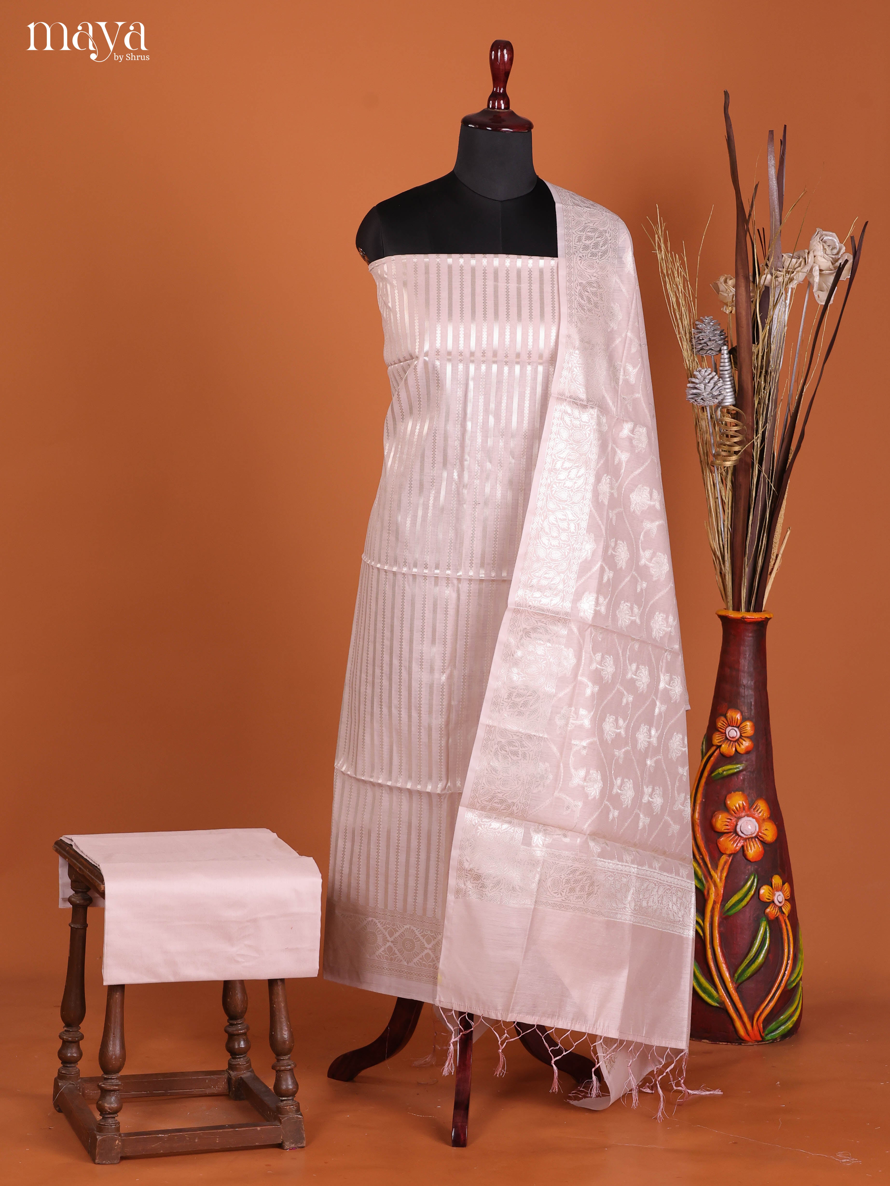 Mild Lavender Semi Tussar Salwar Suit Material With Zari Stripes