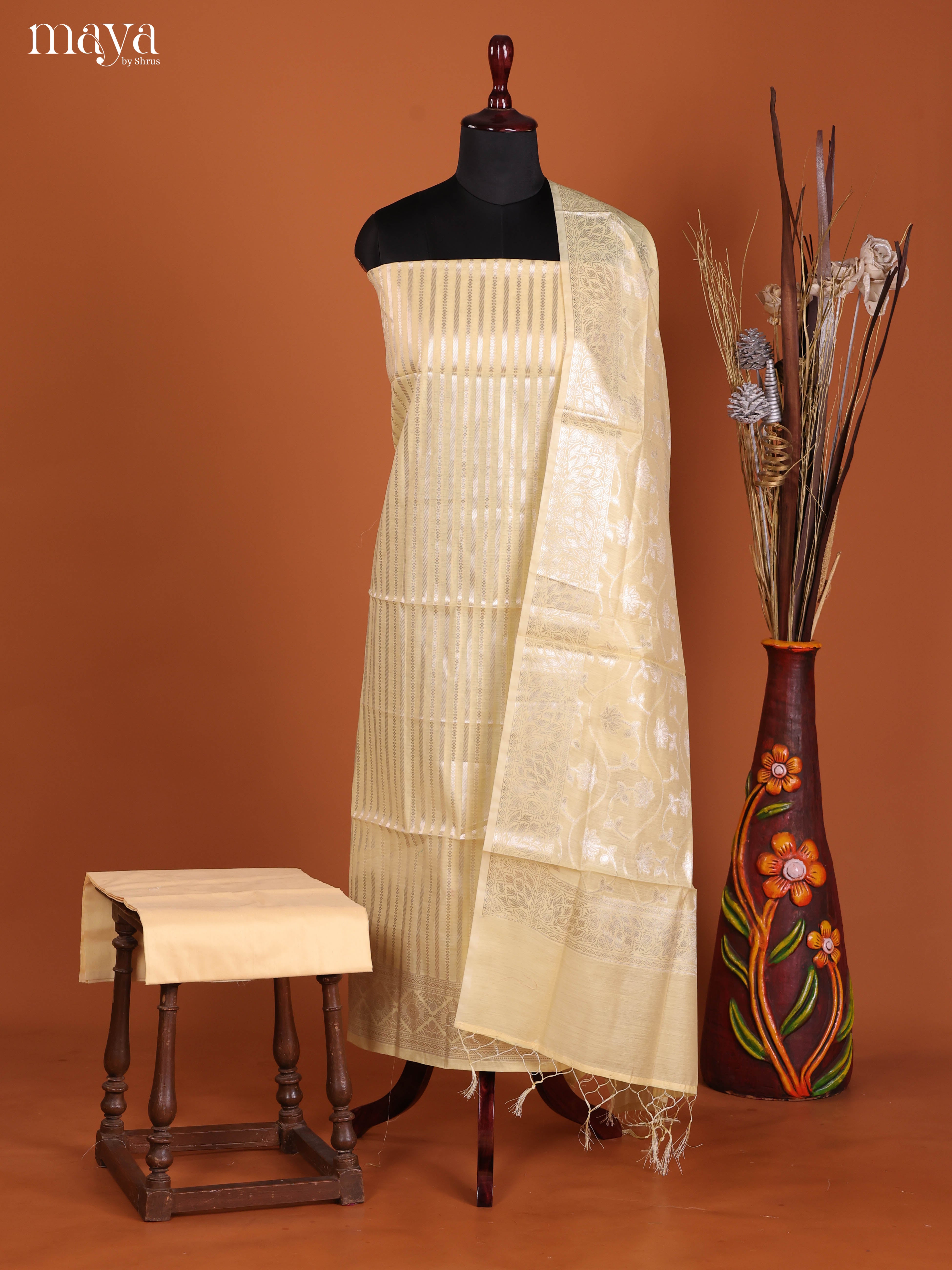 Chic Pastel Yellow Semi Tussar Salwar Suit Material With Zari Dupatta