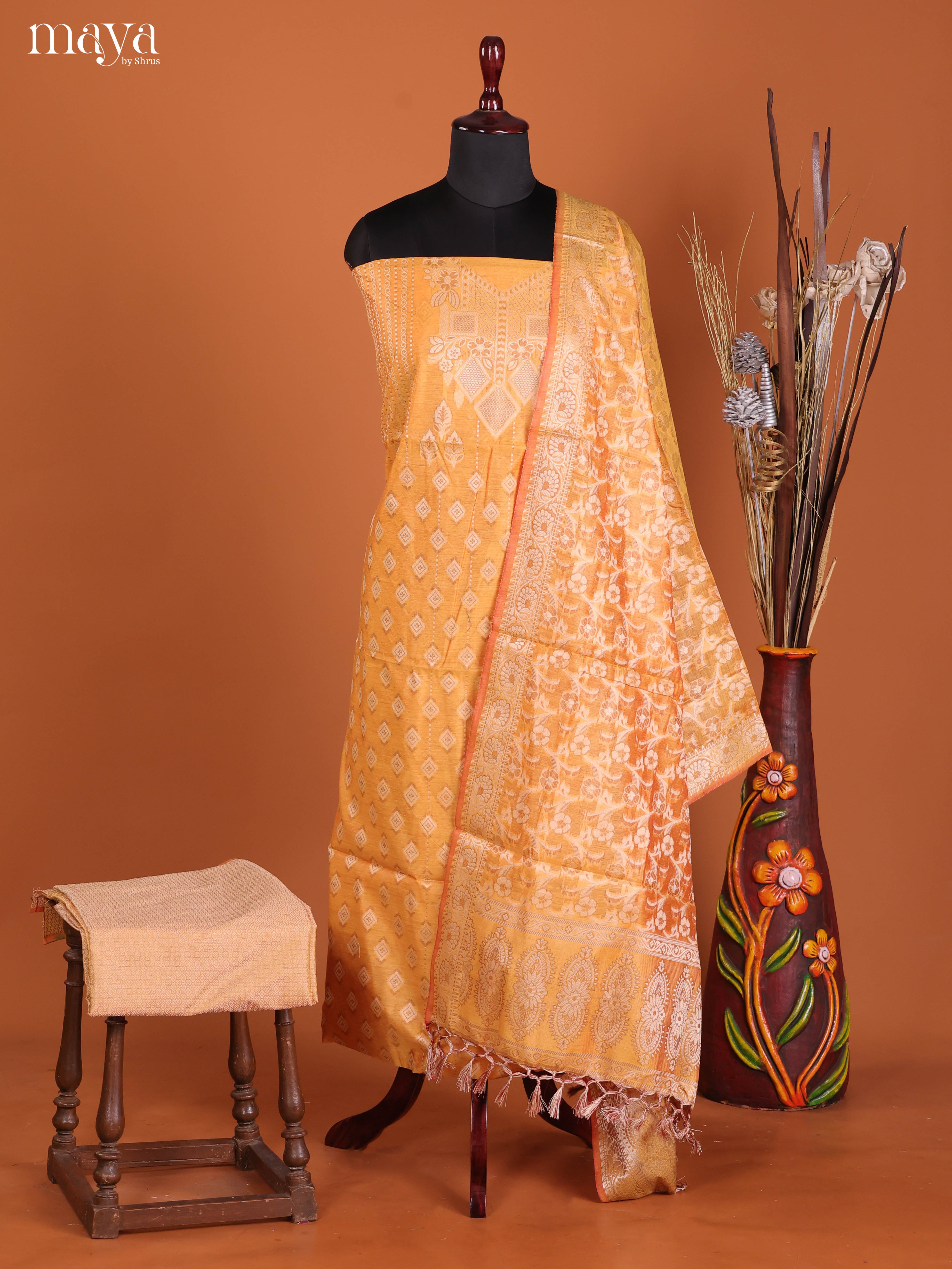 Gracefull Mambazha Yellow Semi Tussar Salwar Material With Thread Woven Design