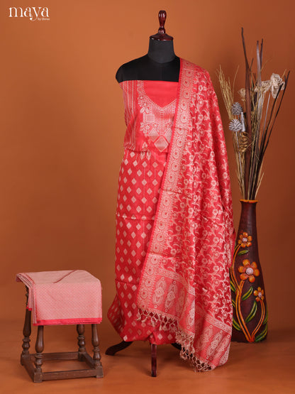 Exquisite Red Semi Tussar Salwar Suit Material With Thread Woven Design