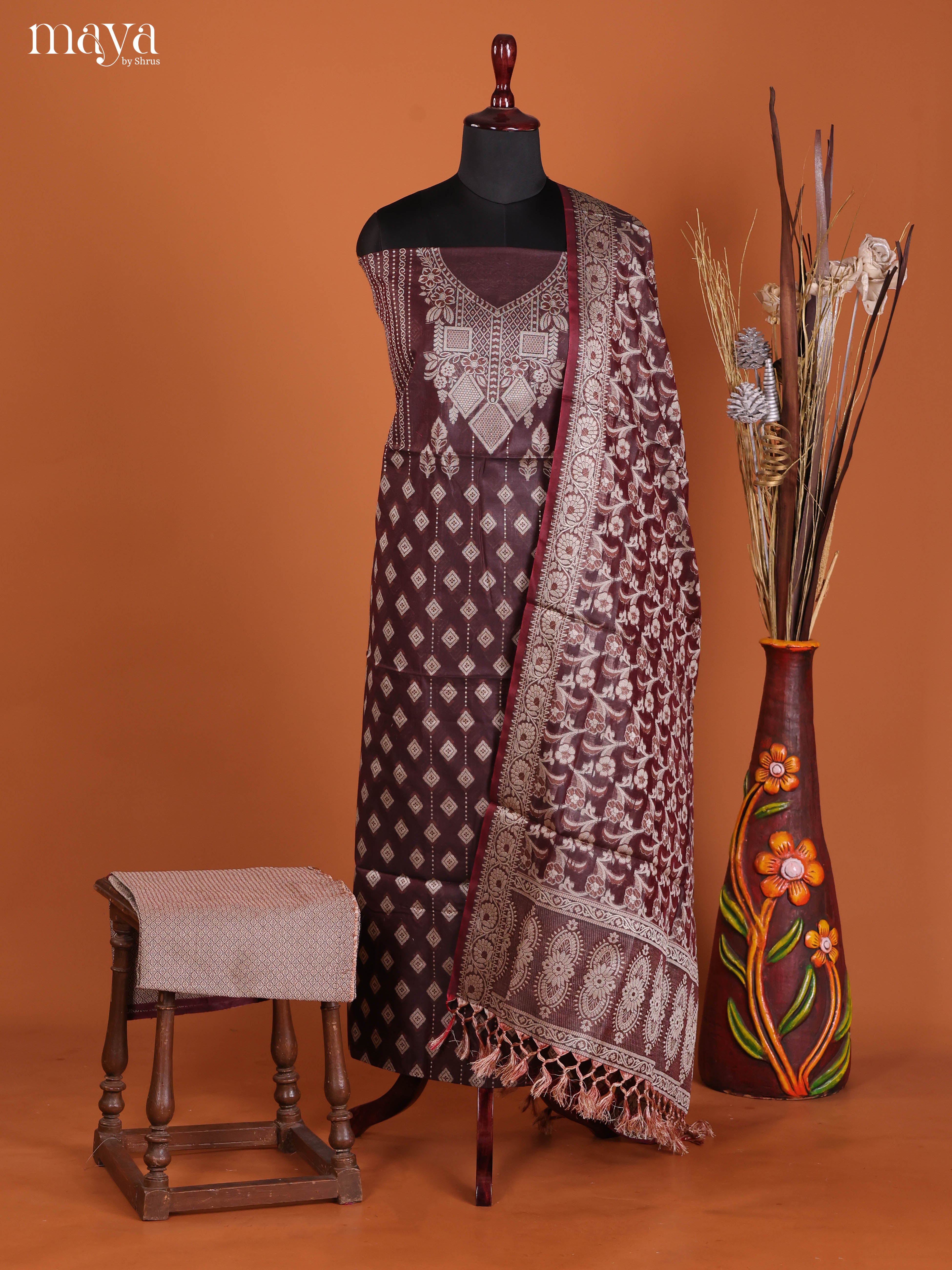 Classy Wine Semi Tussar Salwar Suit Material With Thread Woven Design