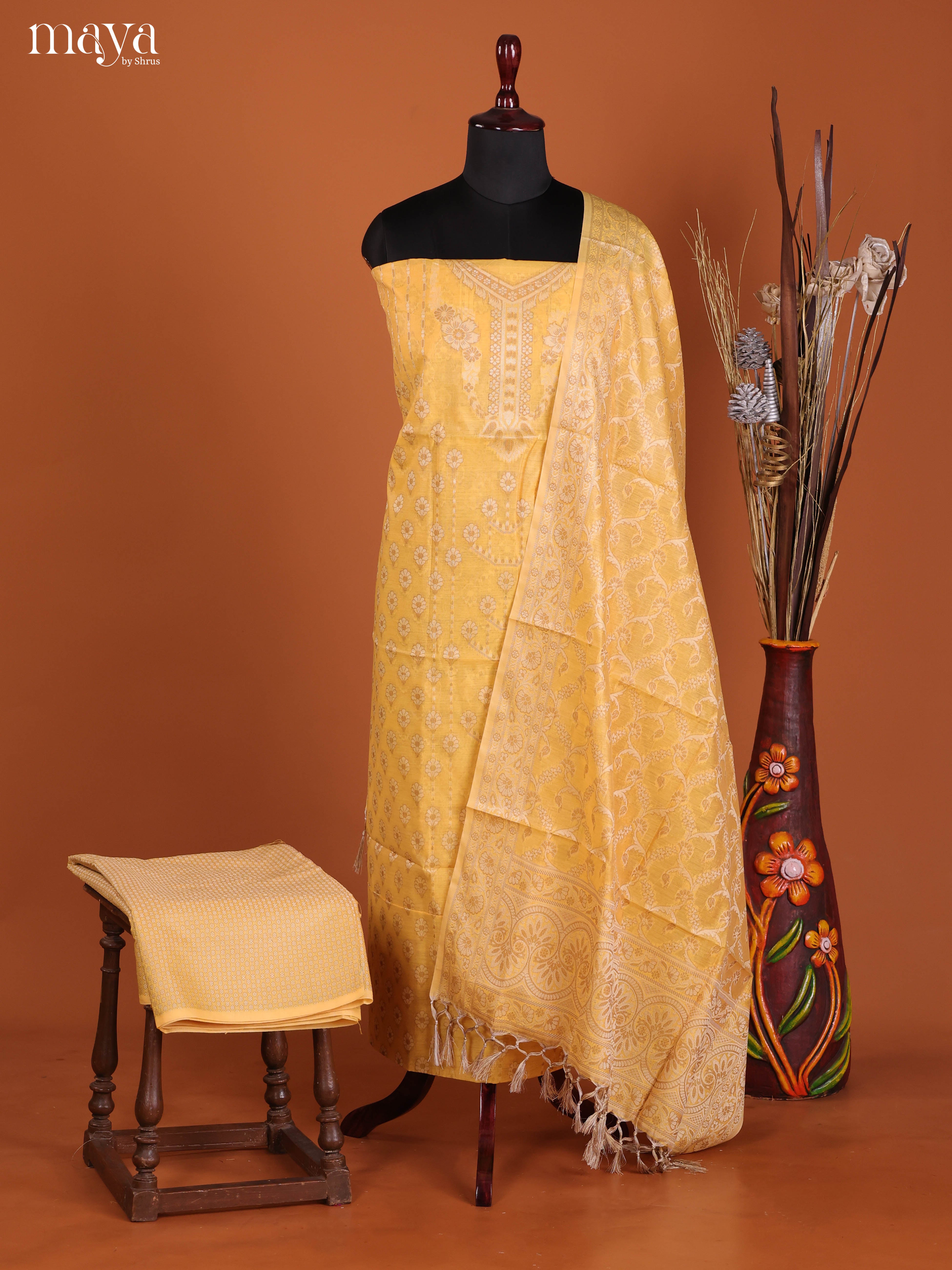 Luxurious Yellow Semi Tussar Salwar Suit Material With Zari Dupatta