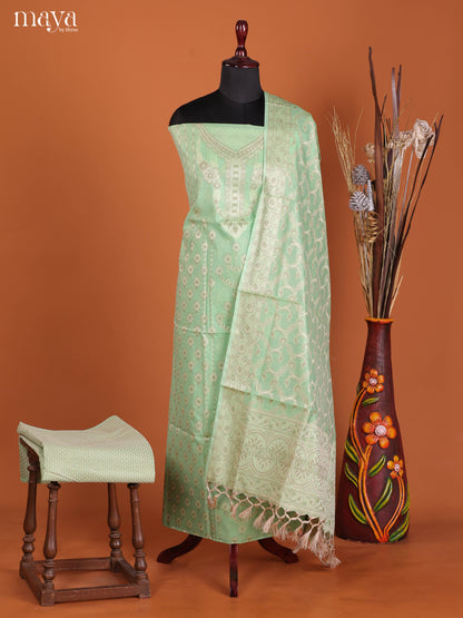 Breezy Pista Green Semi Tussar Salwar Suit Material With Zari Woven Dupatta