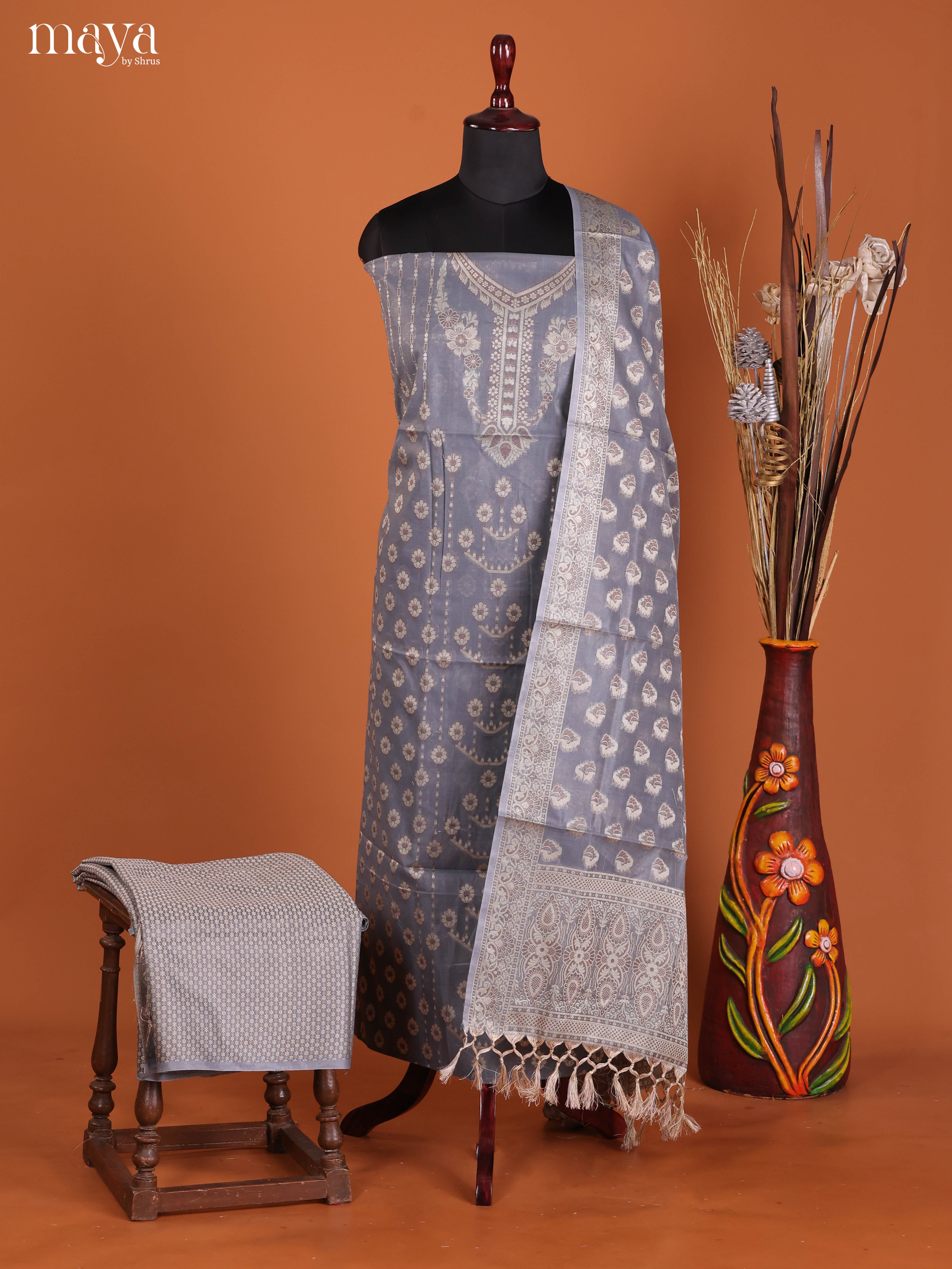 Ethnic Grey Semi Tussar Salwar Suit Material With Zari Dupatta